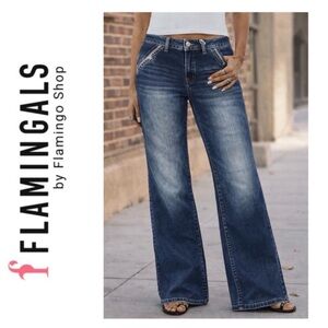 NWT Flamingals Mid-Rise Wide Leg Denim Jeans in Navy Blue